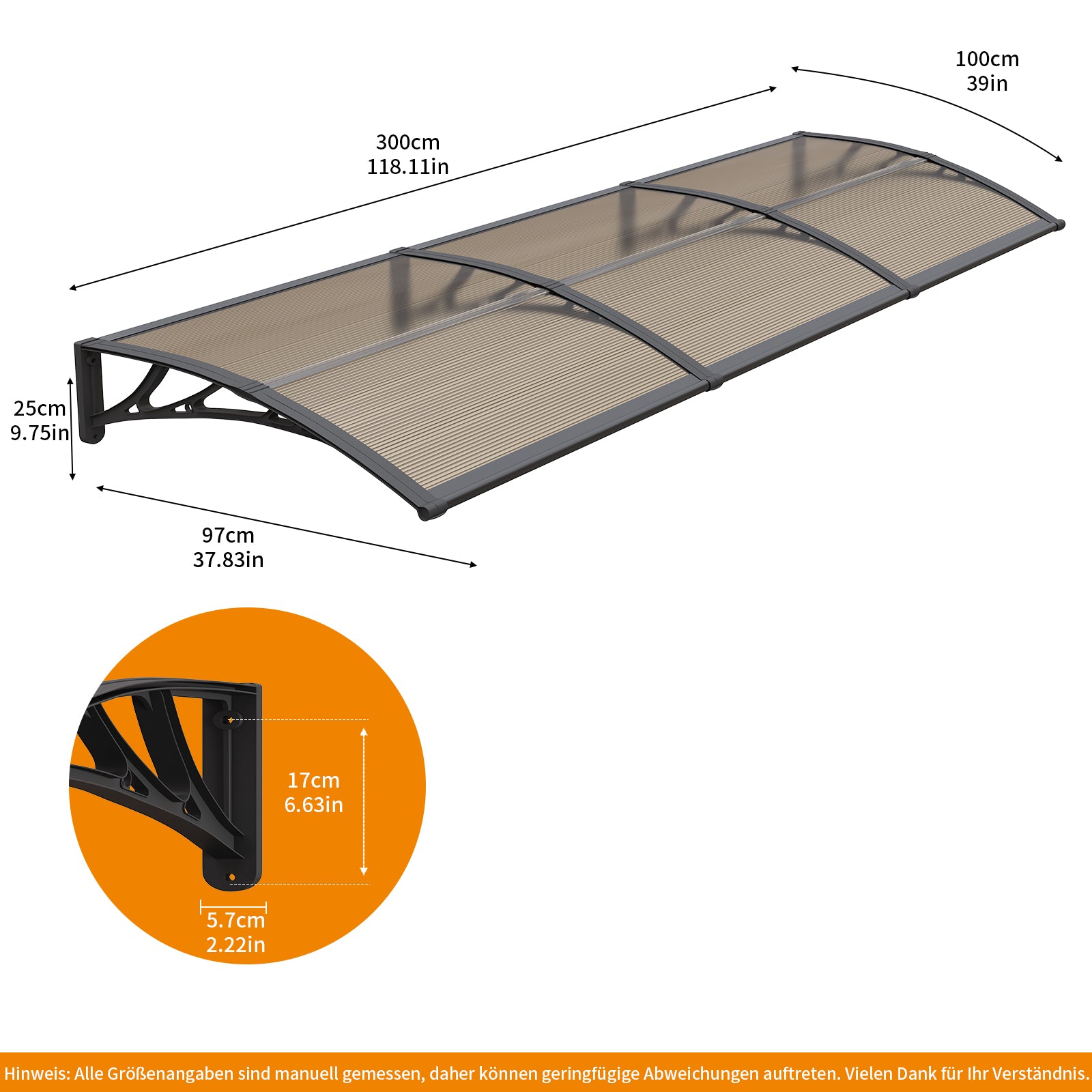 Polycarbonat Haustürvordach Eingang 100×300 cm