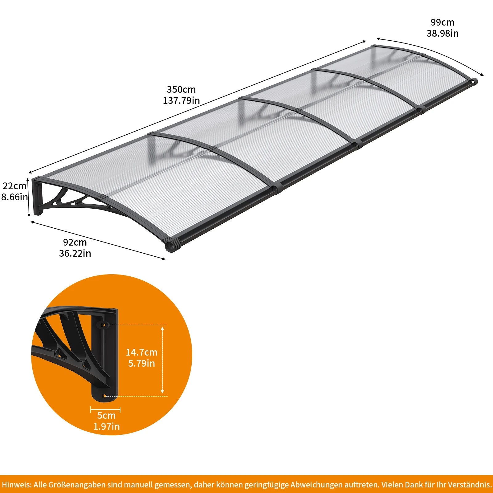 Polycarbonat Haustürvordach mit Entwässerung 100×350 cm