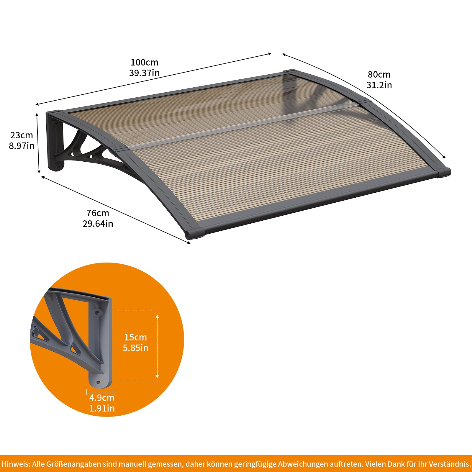 Polycarbonat Haustürvordach Eingang 80×100 cm