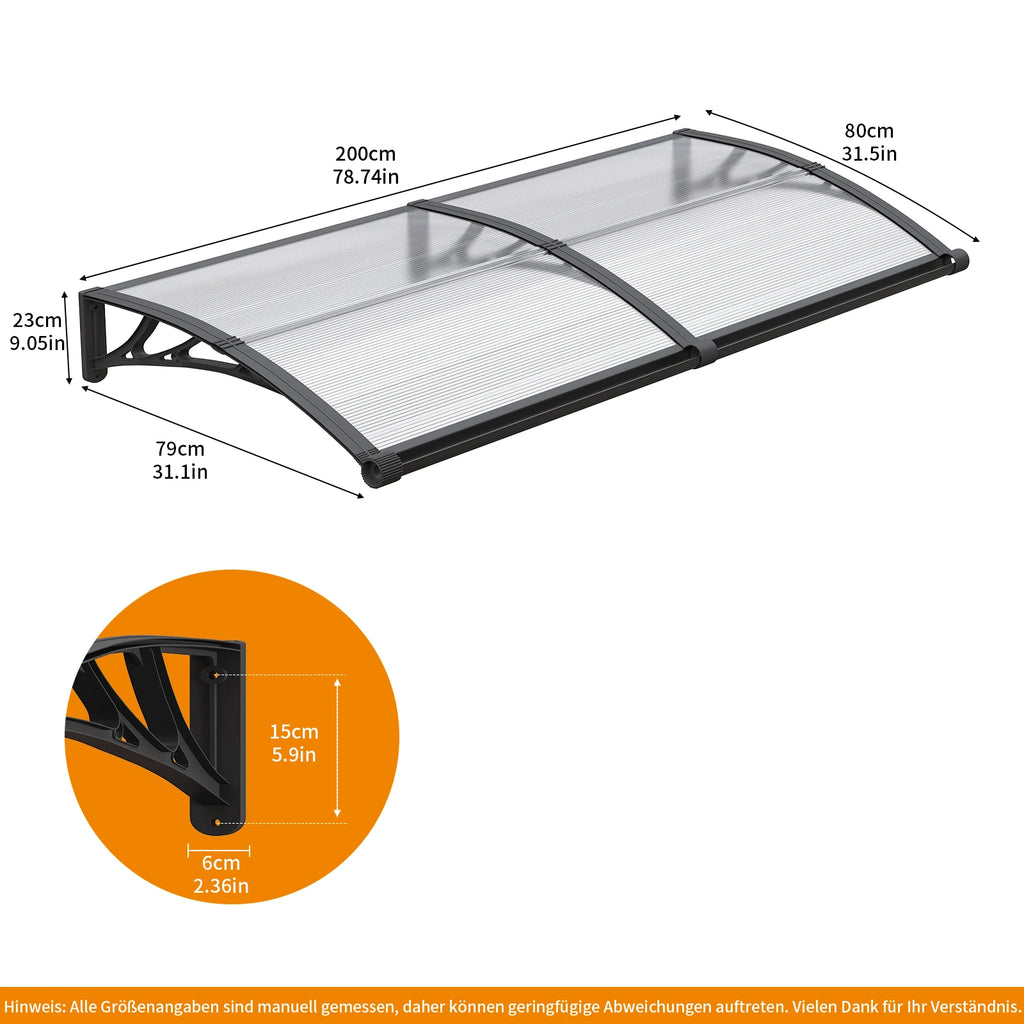 Polycarbonat Haustürvordach mit Entwässerung 80×200 cm