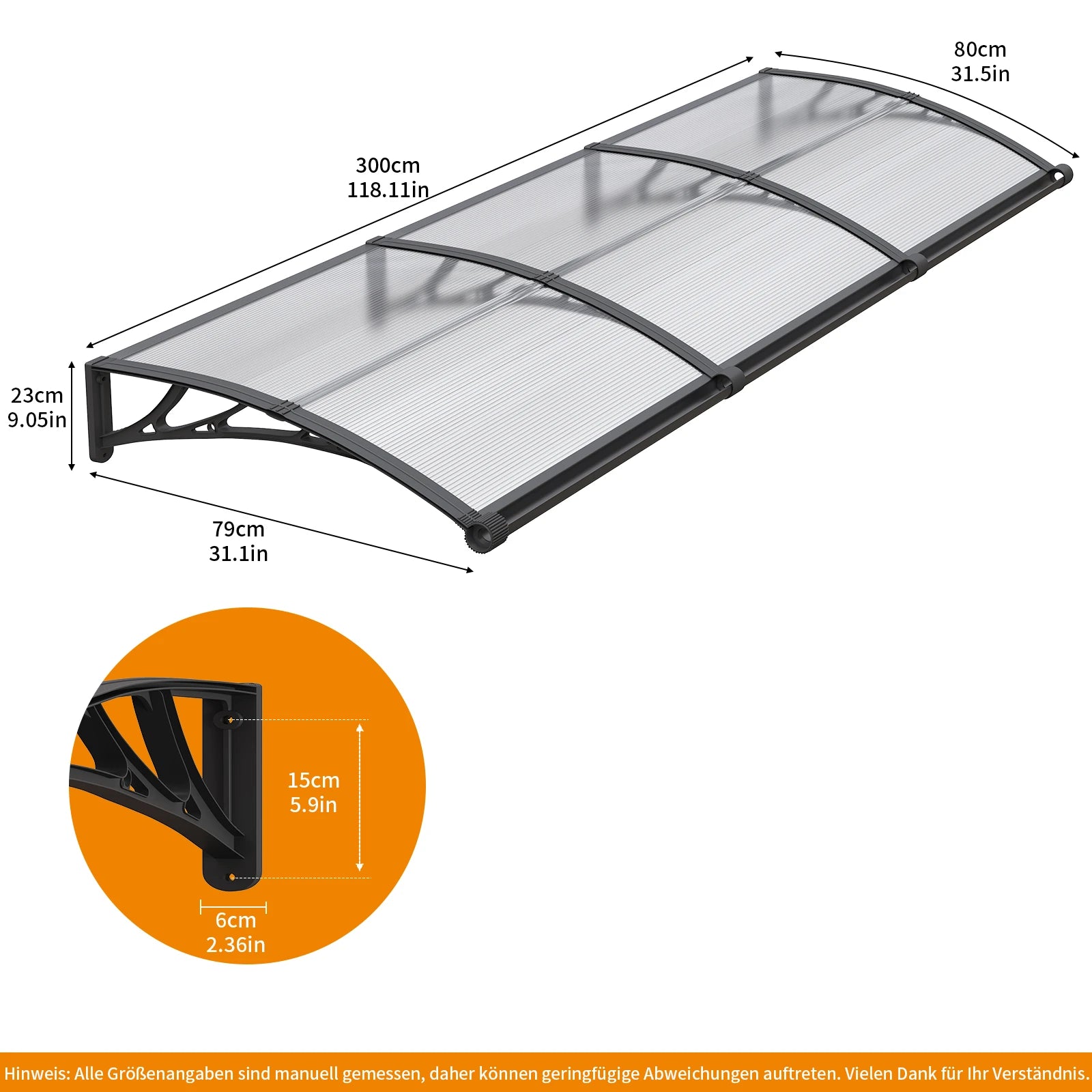 Polycarbonat Haustürvordach mit Entwässerung 80×300 cm