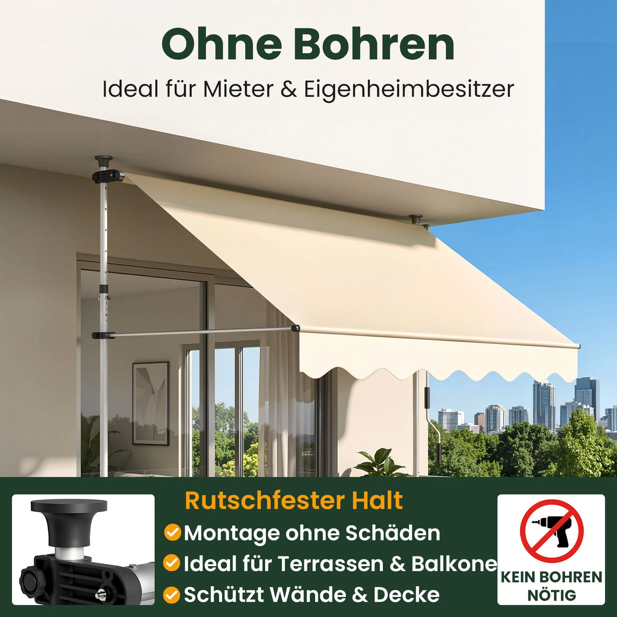 Klemmmarkise ohne Bohren 120×300 cm