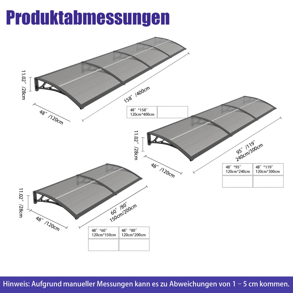 Haustürvordach 120×300 cm mit Regenrinne – Rauchgrau