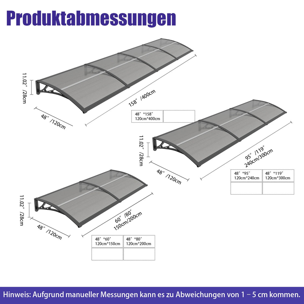 Haustürvordach 120×300 cm mit Regenrinne – Rauchgrau