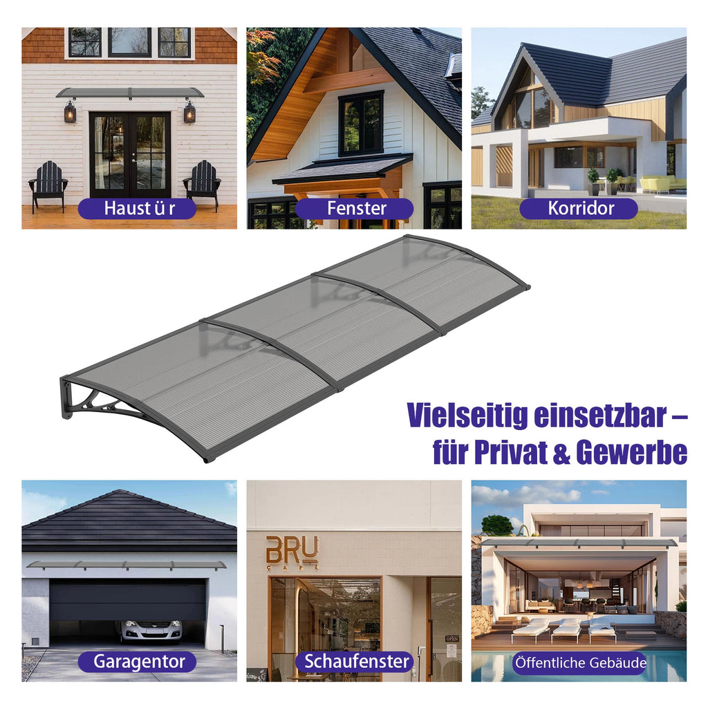 Haustürvordach 120×300 cm mit Regenrinne – Rauchgrau