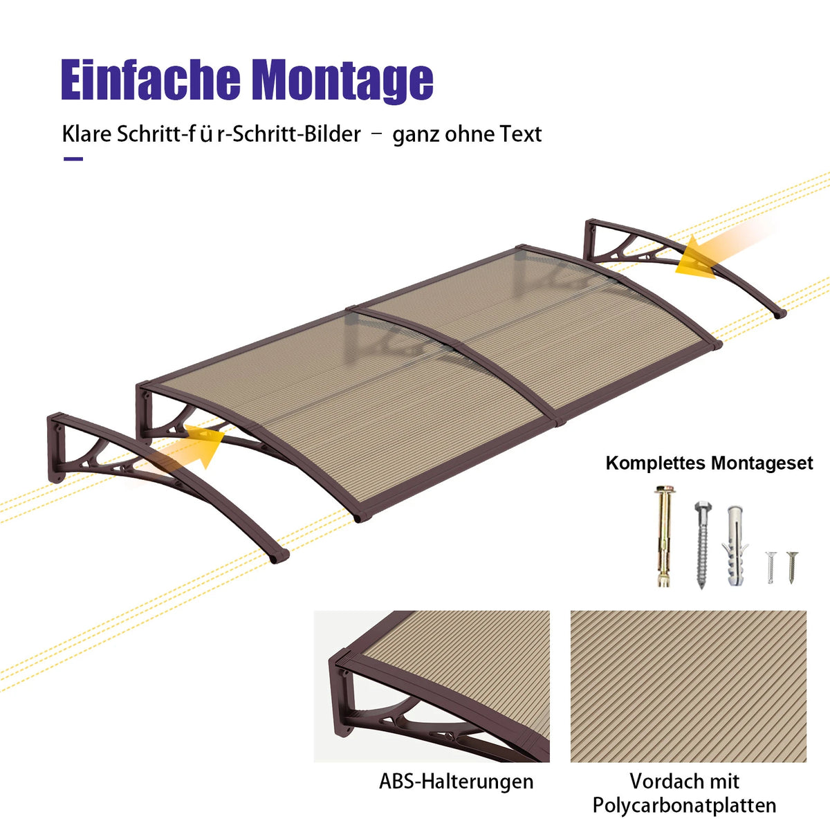Haustürvordach 120×300 cm mit Regenrinne – Braun