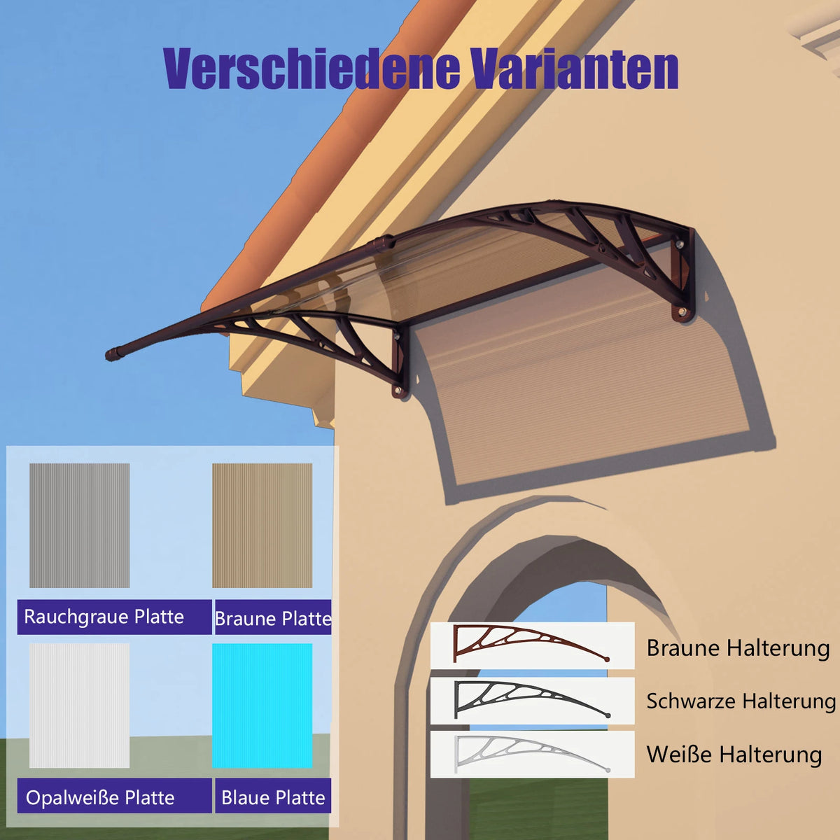 Haustürvordach 120×300 cm mit Regenrinne – Braun