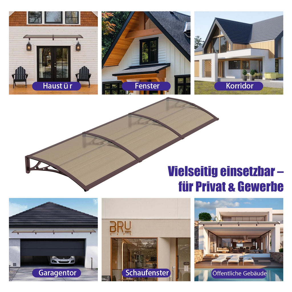 Haustürvordach 120×300 cm mit Regenrinne – Braun