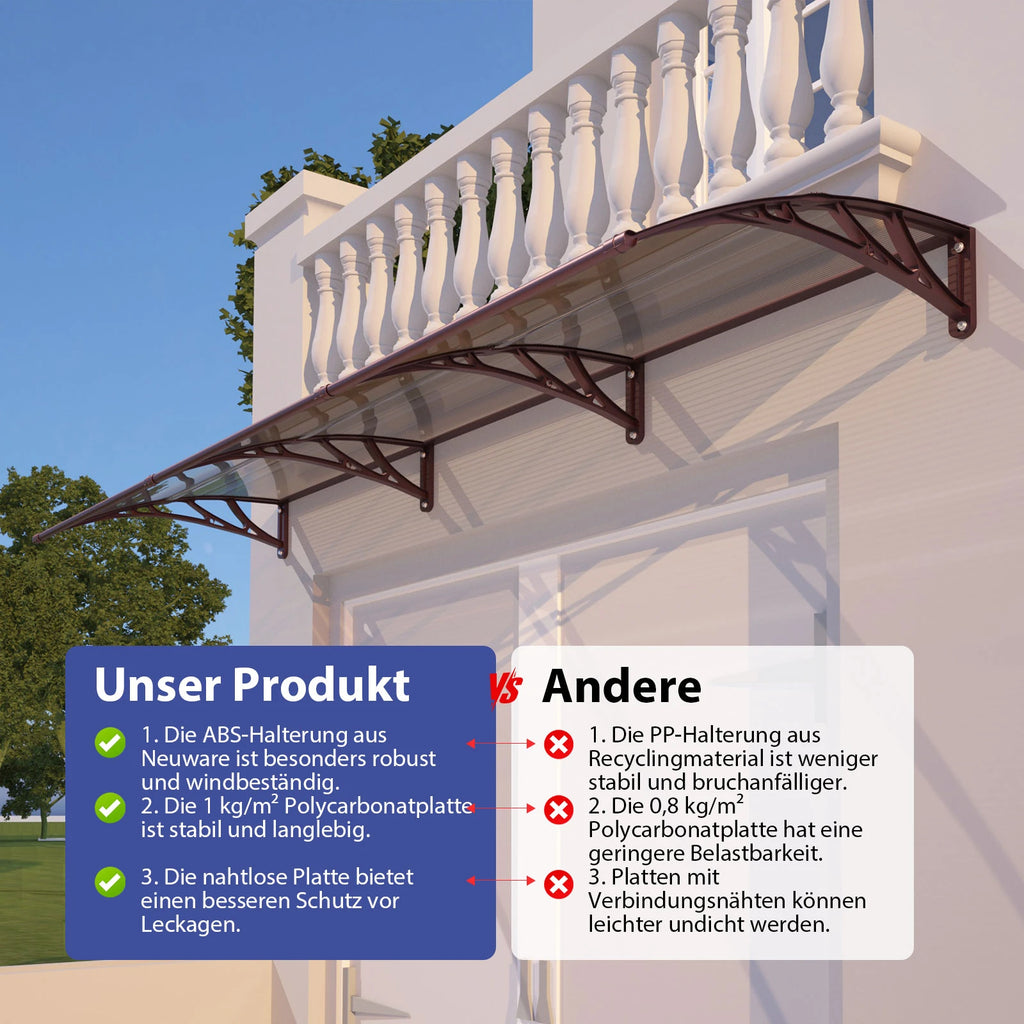 Haustürvordach 120×300 cm mit Regenrinne – Braun