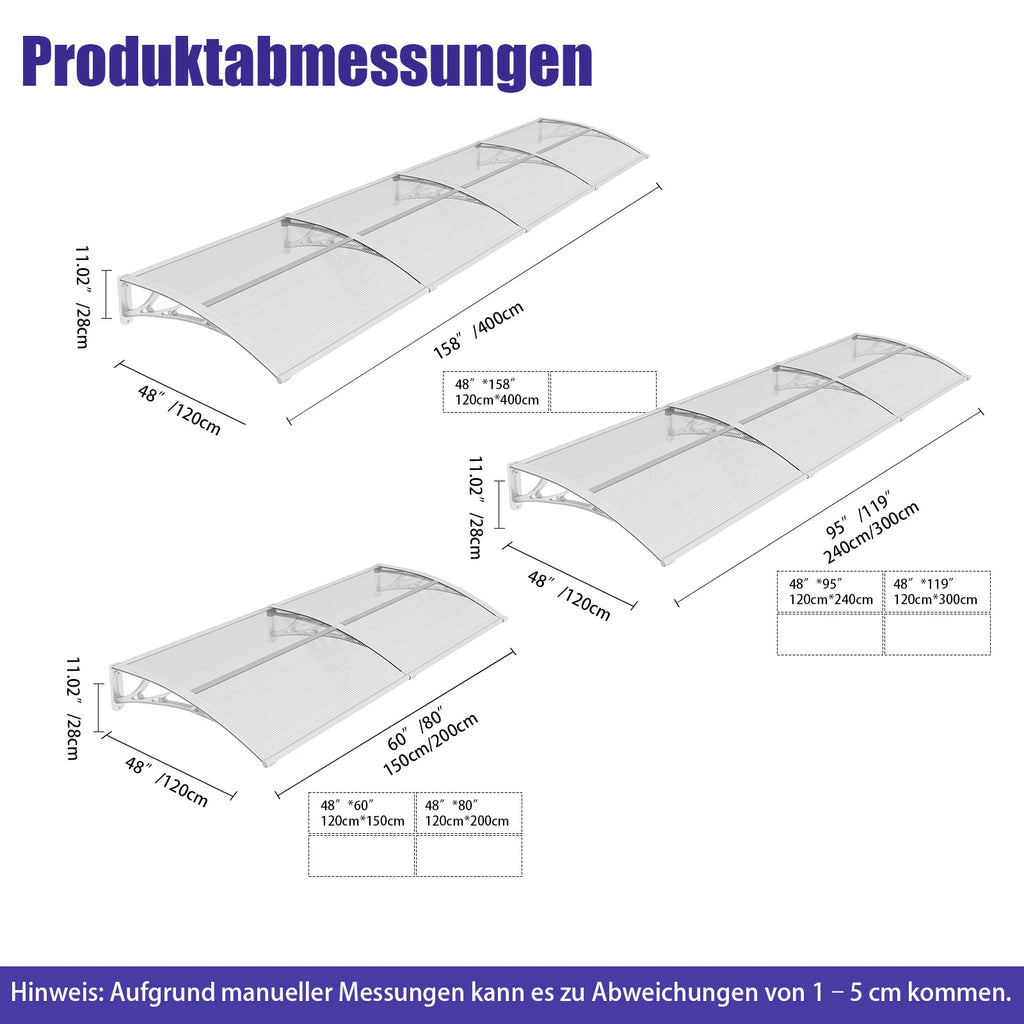 Haustürvordach 120×300 cm mit Regenrinne – Weiße