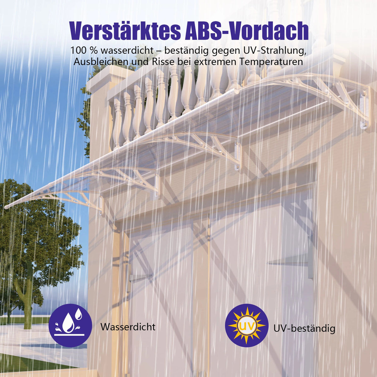 Haustürvordach 120×300 cm mit Regenrinne – Weiße