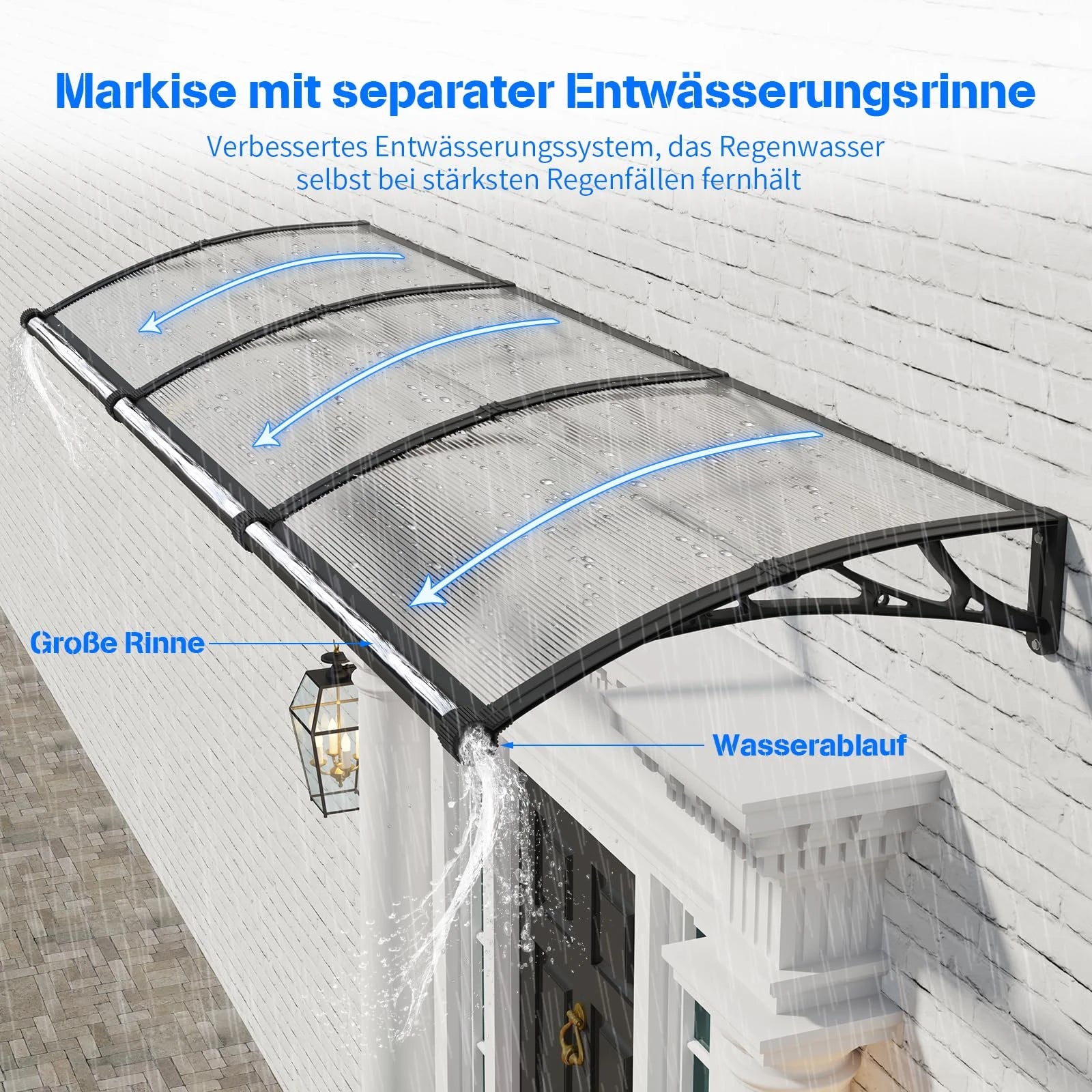 Polycarbonat Haustürvordach mit Entwässerung 100×300 cm