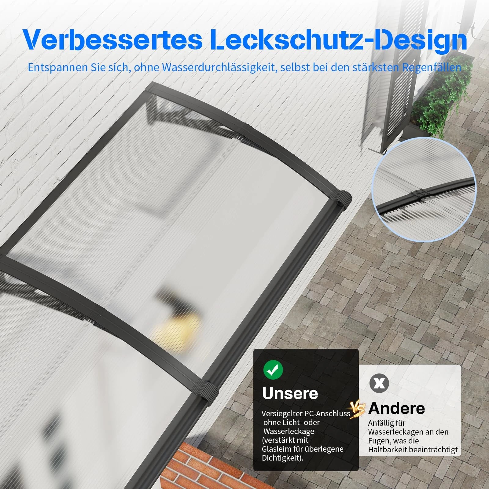 Polycarbonat Haustürvordach mit Entwässerung 100×300 cm