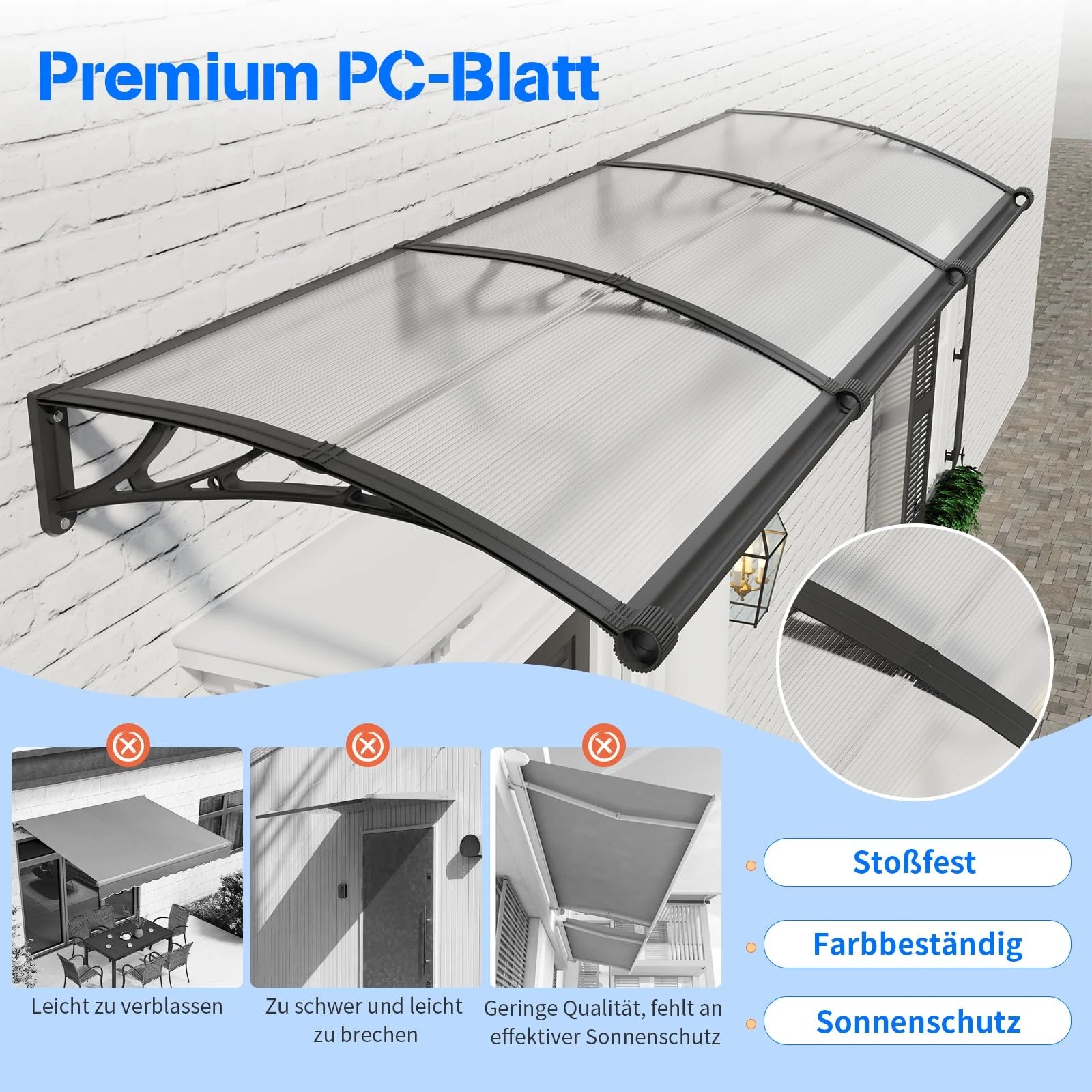 Polycarbonat Haustürvordach mit Entwässerung 100×300 cm