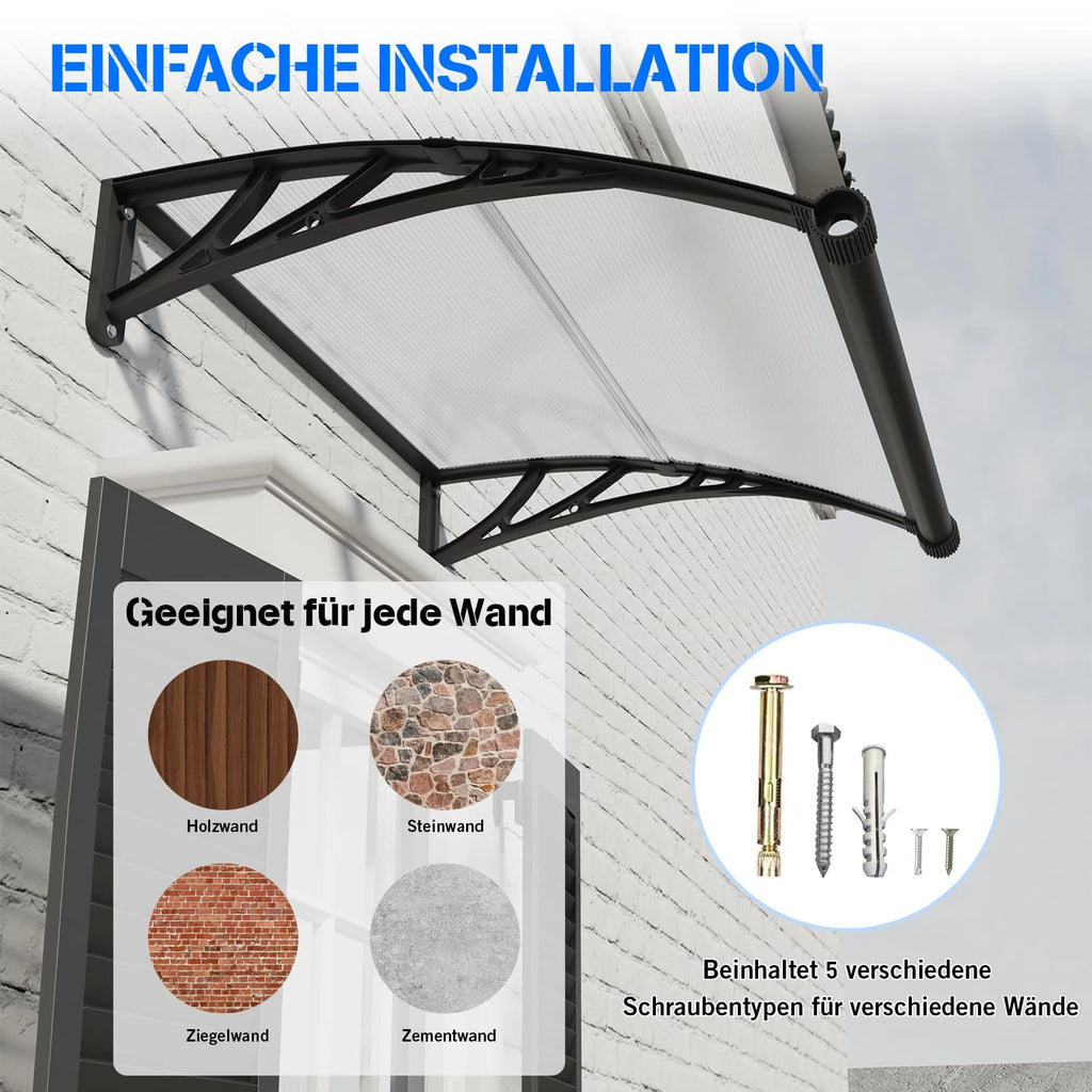 Polycarbonat Haustürvordach mit Entwässerung 100×240 cm