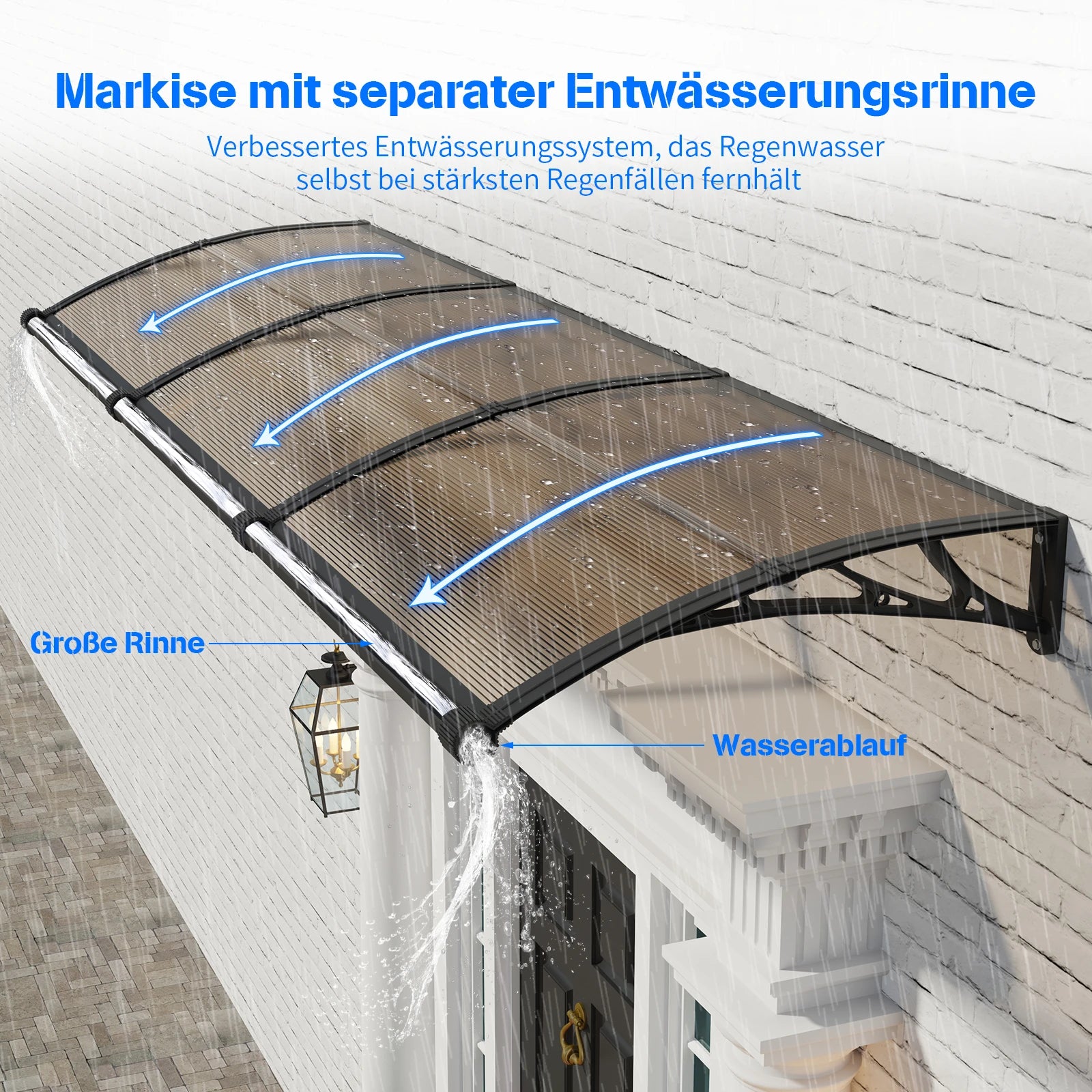 Polycarbonat Haustürvordach mit Entwässerung 100×240 cm