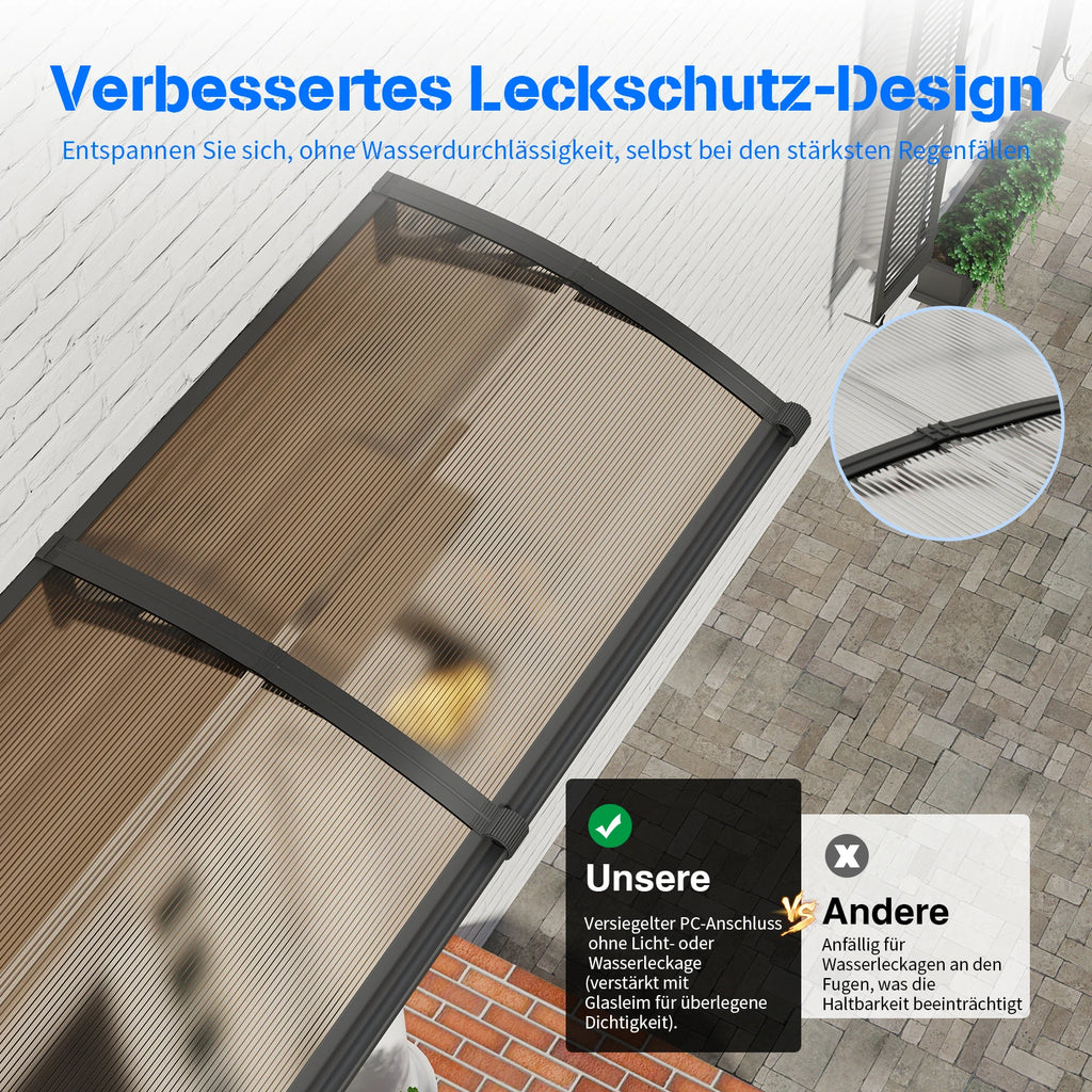 Polycarbonat Haustürvordach mit Entwässerung 100×240 cm