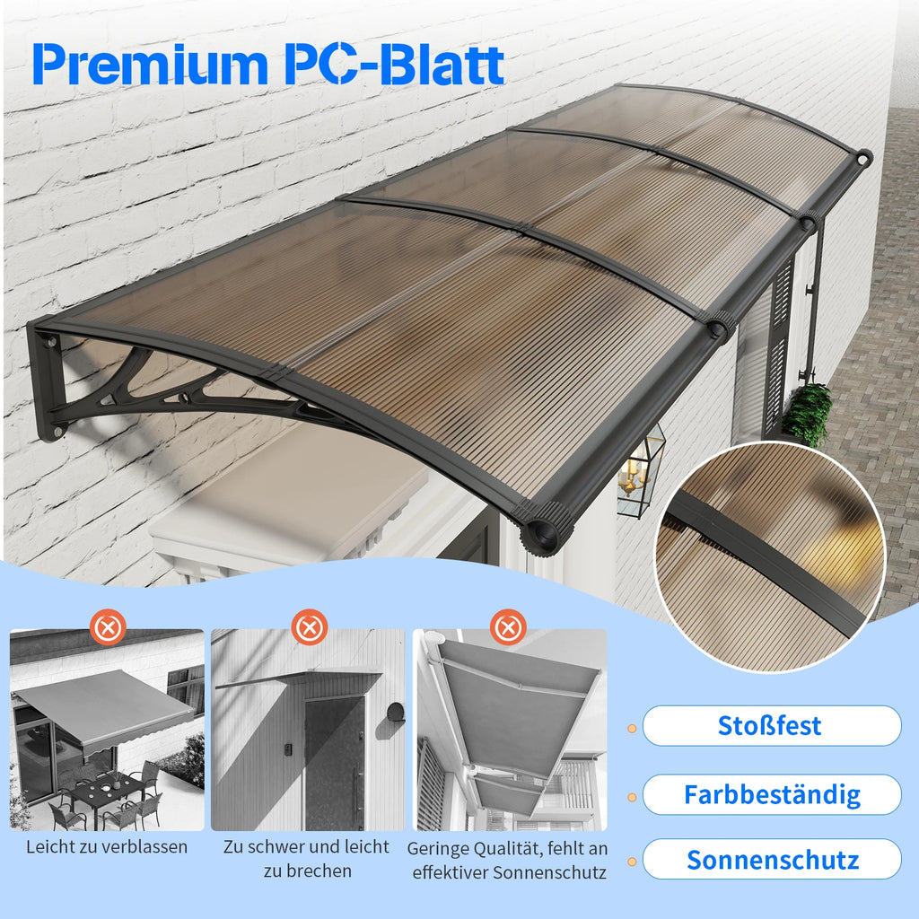Polycarbonat Haustürvordach mit Entwässerung 100×240 cm