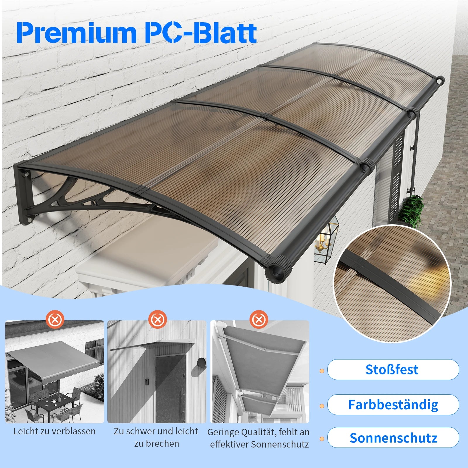 Polycarbonat Haustürvordach mit Entwässerung 100×240 cm