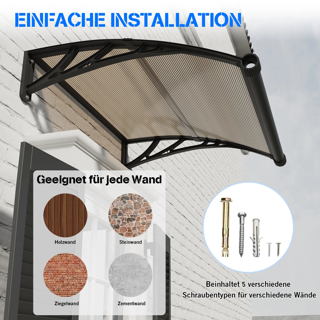 Polycarbonat Haustürvordach mit Entwässerung 100×240 cm