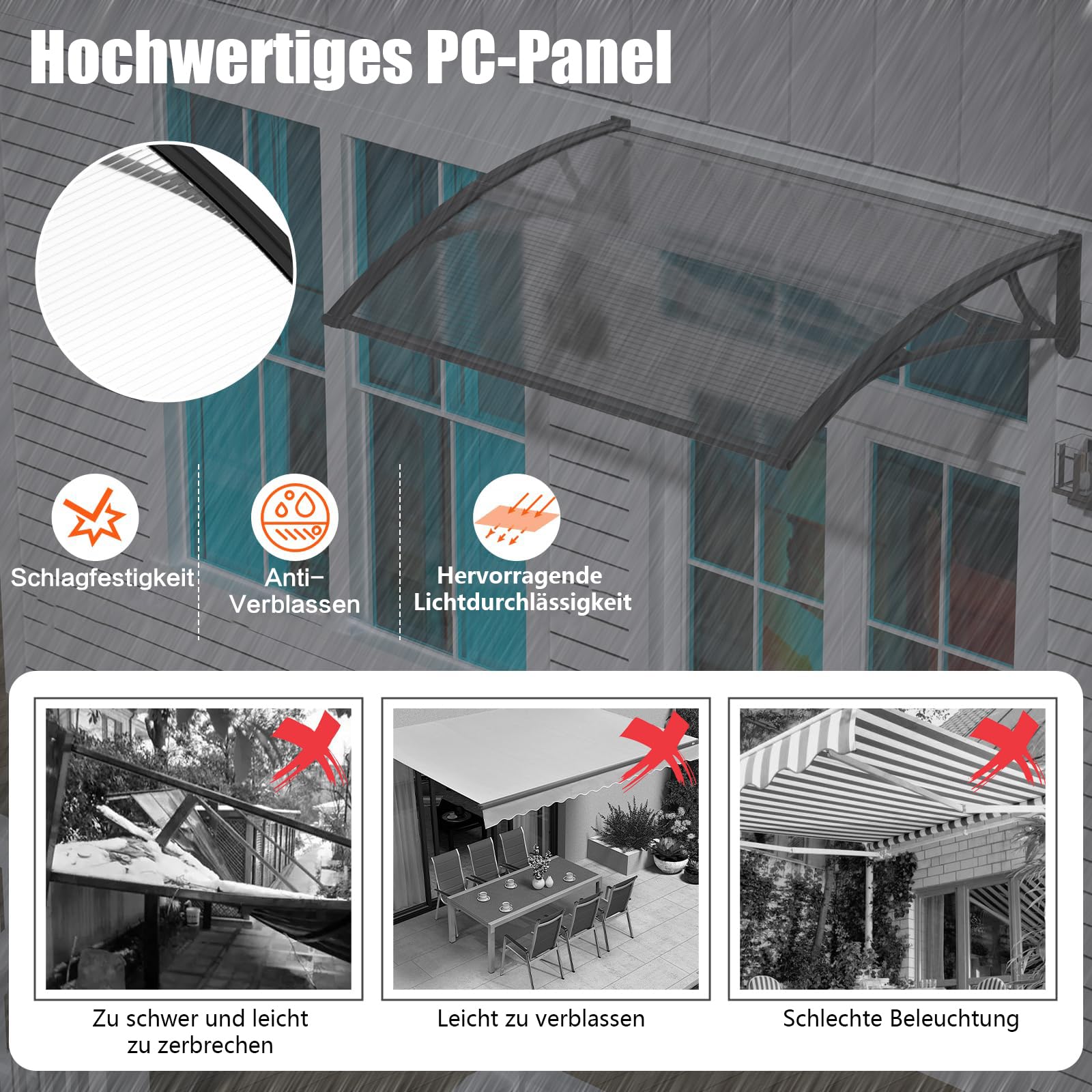 Polycarbonat Haustürvordach Eingang 80×200 cm