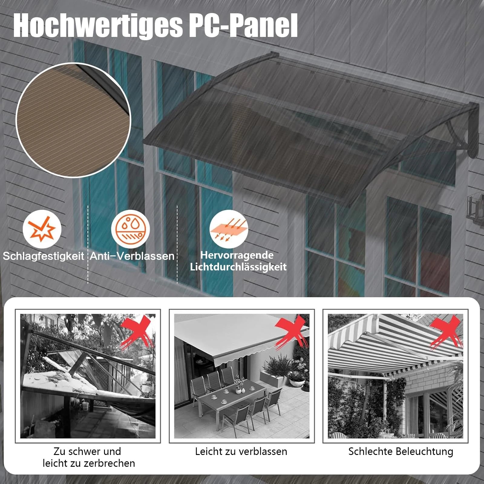 Polycarbonat Haustürvordach Eingang 80×200 cm