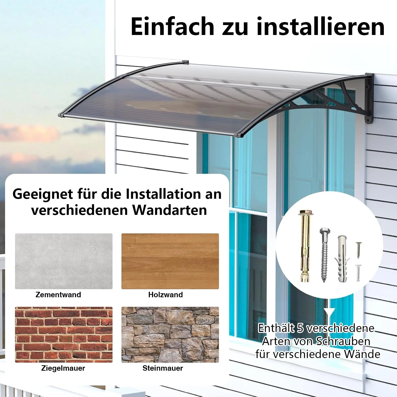 Polycarbonat Haustürvordach Eingang 80×200 cm
